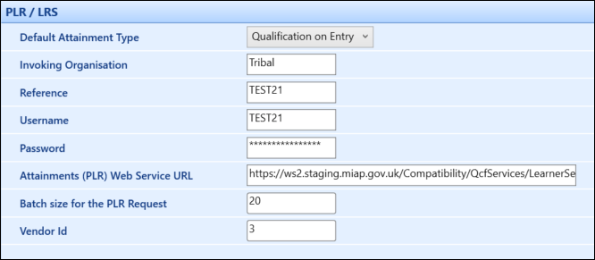 PLR/LRS institution settings screen